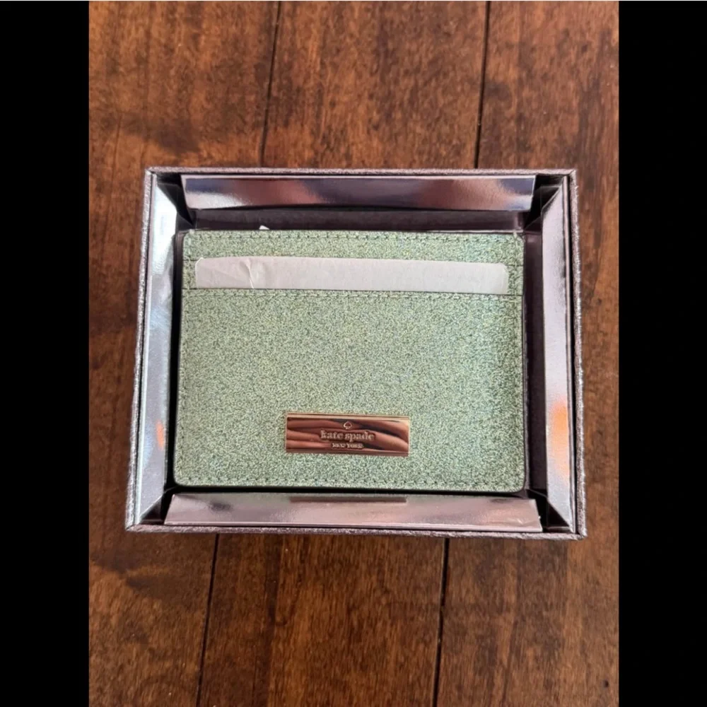 kate spade Mint Green Glitter Card Holder with Rose Gold Plate